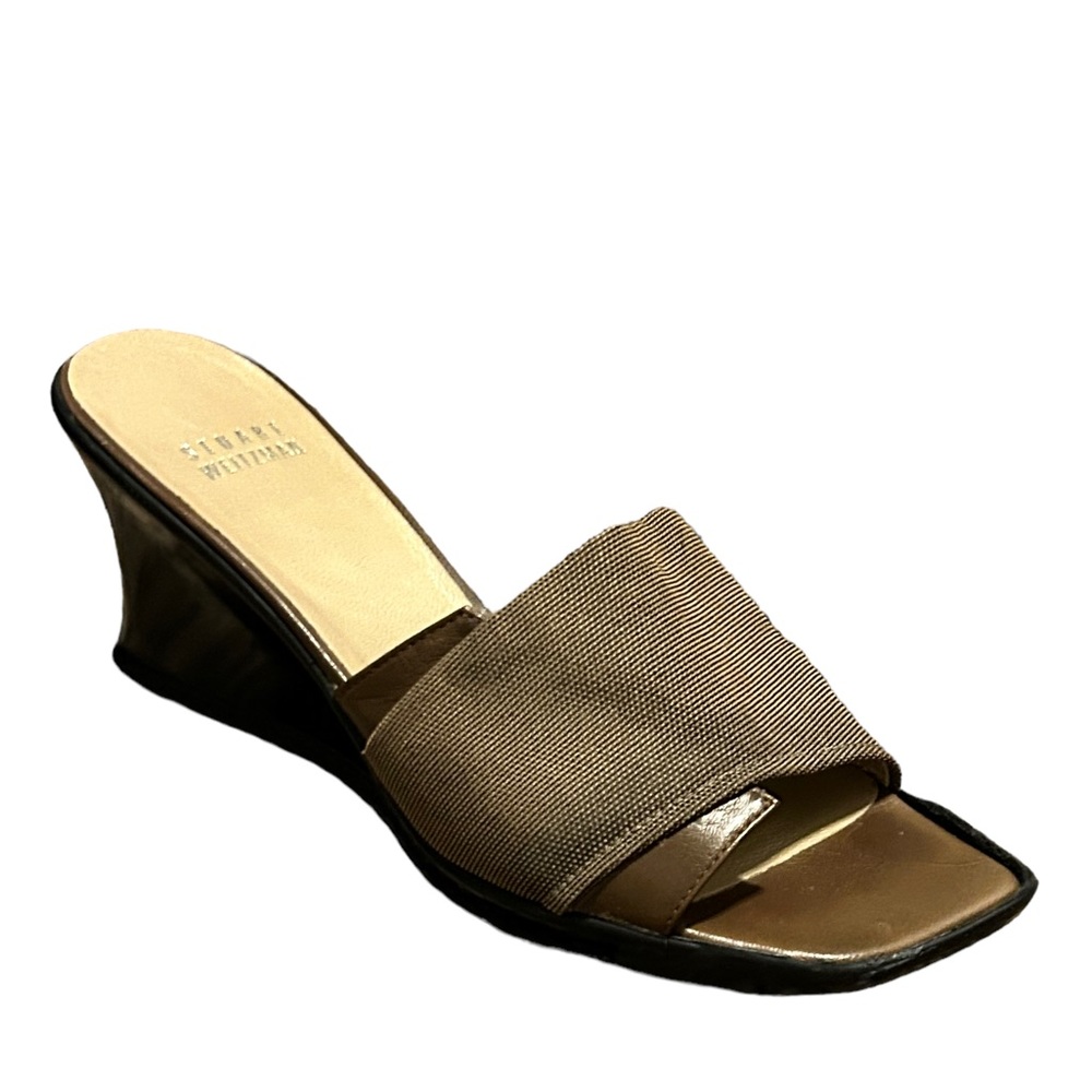 STUART WEITZMAN Women's Gold Metallic Square Toe Wedge Heel Slide Shoe-SIze 5